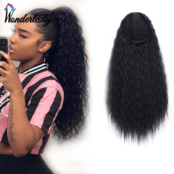 Rubber Band Drawstring Curly Hair Ponytail With Clips 22inch Straight Afro Puff Kinky Curly Ponytail Synthetic Hair Extensions