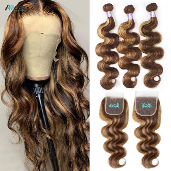 5x5 Closure With Bundles Highlight Bundles With Closure Transparent P4/27 Ombre Honey Blonde Body Wave Bundles With Closure