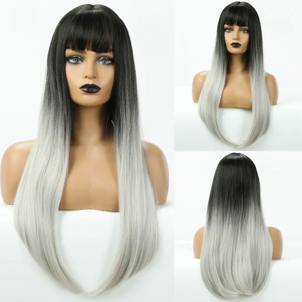 Long Mix Black & Gray Straight Middle Part Ombre with Bangs Middle Hair Wigs
