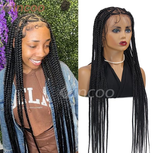 Synthetic Full Lace Wig Jumbo Braided Wigs Heart Shaped Knotless Box Wig Braid 36 Inches Braiding Hair Knotless Box Braids Wig
