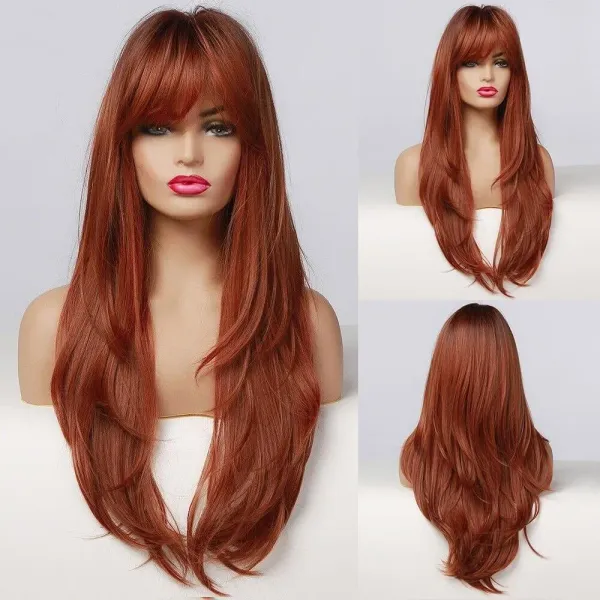 Women Long Red Wavy Wigs Fluffy Curly Bangs Heat Friendly Synthetic Party Hair wig