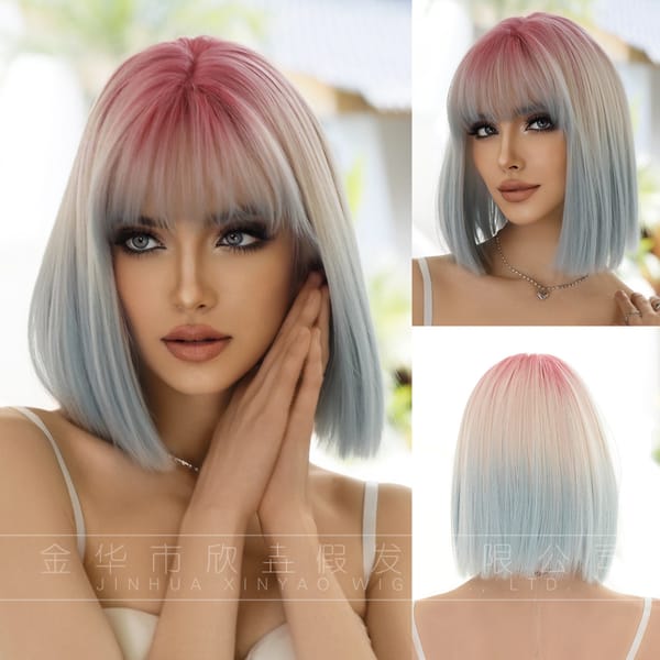 New Short Bob Pink Gradient Blue Straight Wig Women's Air Bang Hair Full Wig