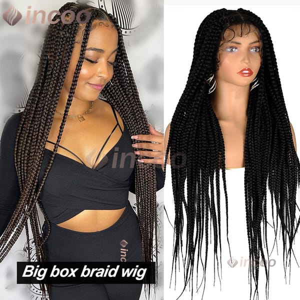 Incoo 36 Inch Synthetic Big Box Braided Wigs Afro Knotless 360 Full Lace Frontal Braid Wigs Black Women Preplucked Baby Hair