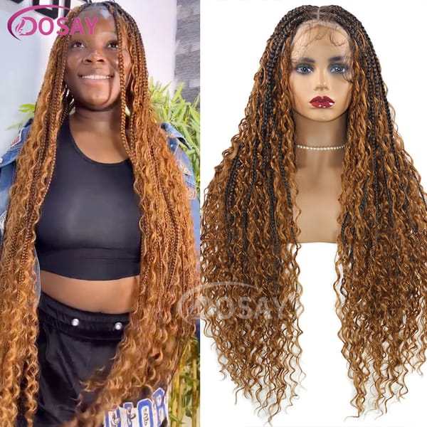 Blonde Bohemia Box Braided Wigs 32" Full Lace Deep Wave Braided Wig With Baby Hair Synthetic Lace Square Part Braid Wig Burgundy