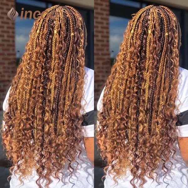 Synthetic Blonde Bohemian Box Braids Wigs With Curly Hair Braid Lace Frontal Wigs Goddess Locs Braided Wigs Burgundy Hair 32"