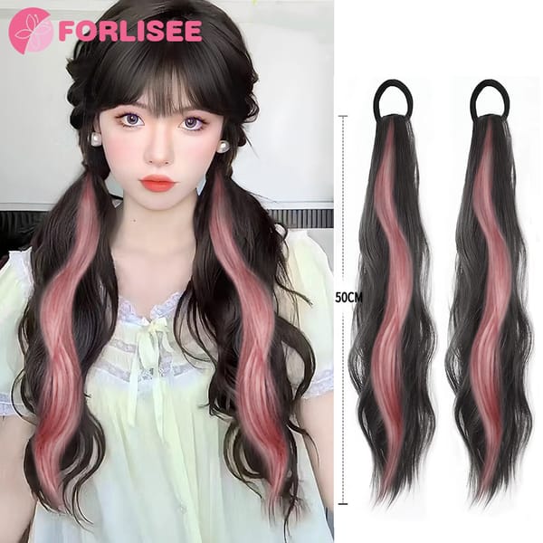 FORLISEE Synthetic Long Hair Strap Style Double Horsetail Vigorous Girl Fluffy And Binding Hair Wig Piece Double Horsetail