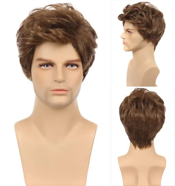 New Stylish Men's Short Browne Wavy Hair Full Wig