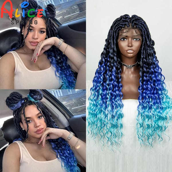 Blue Full Lace Synthetic Braided Wig Faux Locs Crochet Wigs with Baby Hair Soft Knotless Dreadlock Wig with Wave Curly Ends