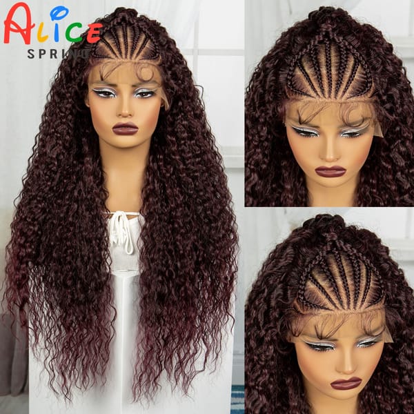 Knotless Synthetic Lace Front Braids Wig Burgundy Cornrow Braided Wigs Curly Braiding Hair Wigs with Baby Hair for Black Women