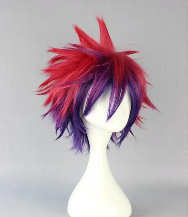 Popular Short Mixed Blue & Rose Red Straight Cosplay Synthetic Hair Party Wig