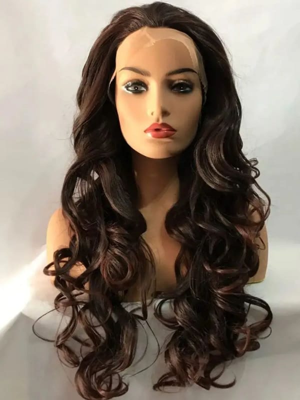 Long Dark brown Curl  Loose Transparent Lace Front Hair Synthetic  Daily Heat Resistant Fibre Female Wig