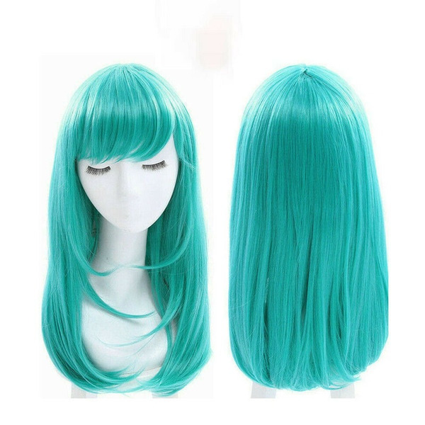 Ladies Wig Long Straight Bangs Blue Green Wig Women Party Hair Wigs