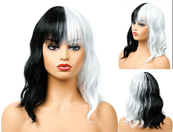 Fashion Womens White & Black Curly Hair Wigs For Daily Party Cos Full Wig