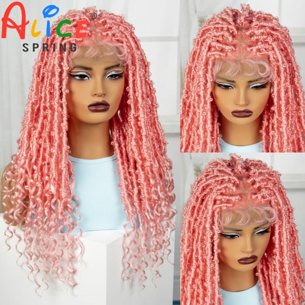 22 Inch Pink Synthetic Braided Wigs Transparent Full Lace Braided Wigs with Curly Ends Knotless Box Braids Wigs with Baby Hair