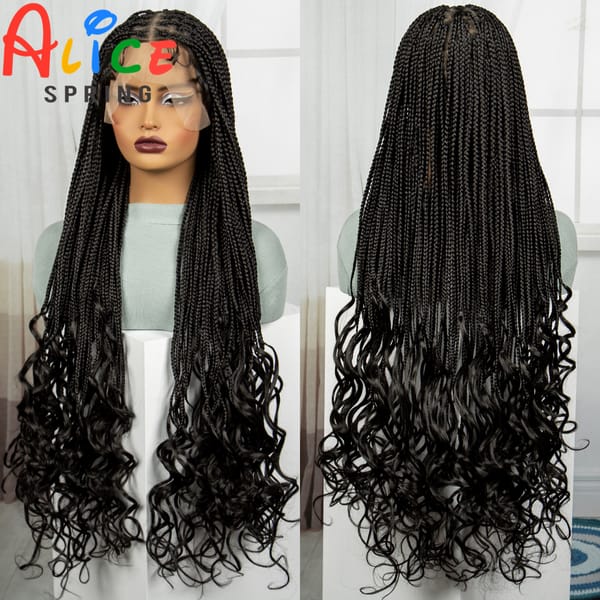 Natural Synthetic Full Lace Wigs 36 Inch Knotless Box Braided Wigs Curly Lace Front Braided Wigs for Black Women with Baby Hair