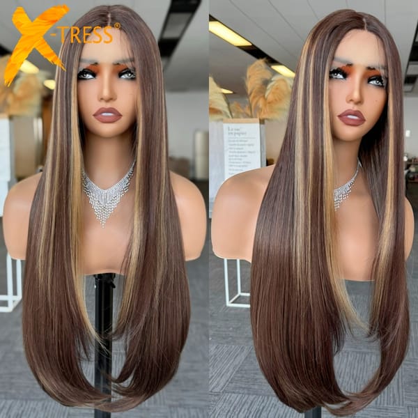 X-TRESS Highlight Brown Synthetic Lace Front Wig Pre Plucked 32Inch Long Straight Synthetic Wig with Baby Hair for Women Fashion