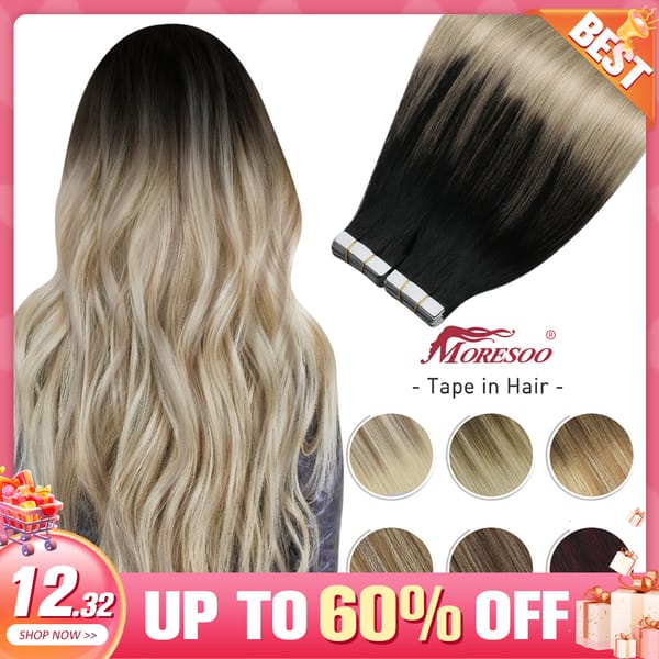 Moresoo Tape in Human Hair Extensions Balayage Blonde Hair Remy Hair Natural Soft Skin Weft Straight Seamless Hair Tape in Hair
