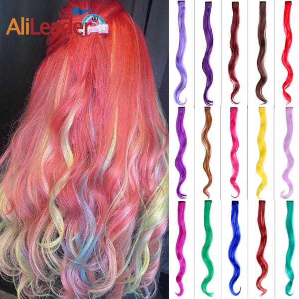 Synthetic 20" Body Wave Hair Extension Curly Clip On Hair Accessories Wavy Clip-in One Piece Rainbow High Wig 50cm Red Blue Pink