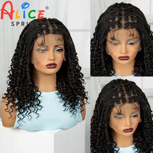 16 Inch Deep Wave Synthetic Braided Lace Wigs Natural Curly Full Lace Knotless Box Braids Wigs for Black Women with Baby Hair