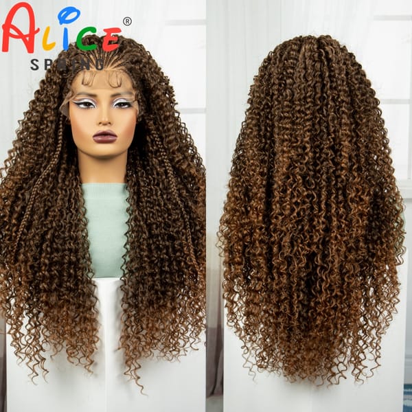 1B-30 Color 28 Inch Ombre Synthetic Braided Wigs Lace Braided Wigs Curly Knotless Box Braids Wigs with Baby Hair for Black Woman