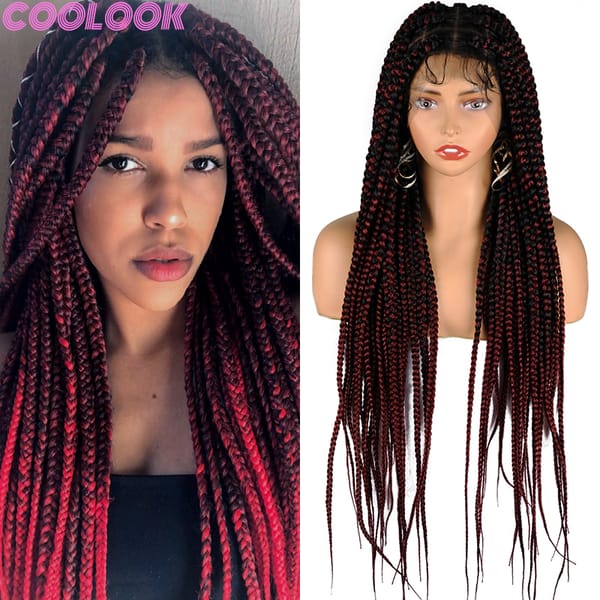Burgundy Full Lace Box Braided Wigs with Baby Hair 36 Inch Knotless Crochet Square Braids Lace Frontal Wigs Synthetic Braid Wigs