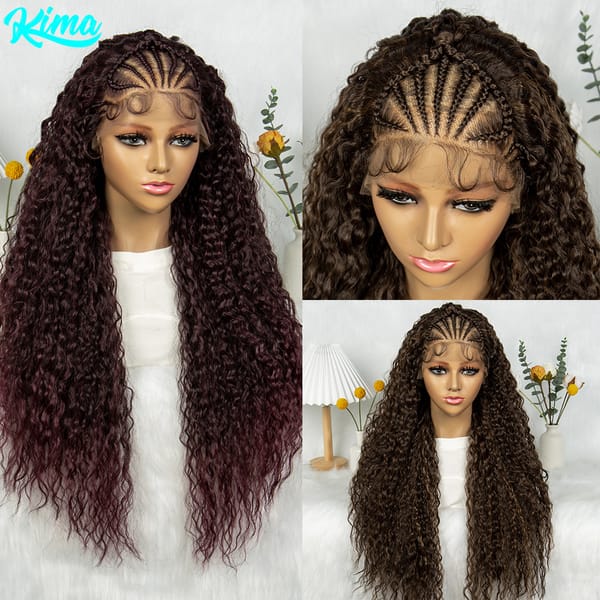 Kima Burgundy Lace Frontal Braided Wigs Synthetic Wavy Hair Wigs for Black Women