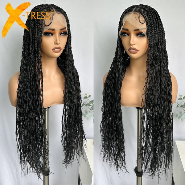 X-TRESS 32" Bohemian Boho Box Braids Synthetic Wigs Black Color Full Lace Wigs with Baby Hair Knotless Braids Lace Wig for Women