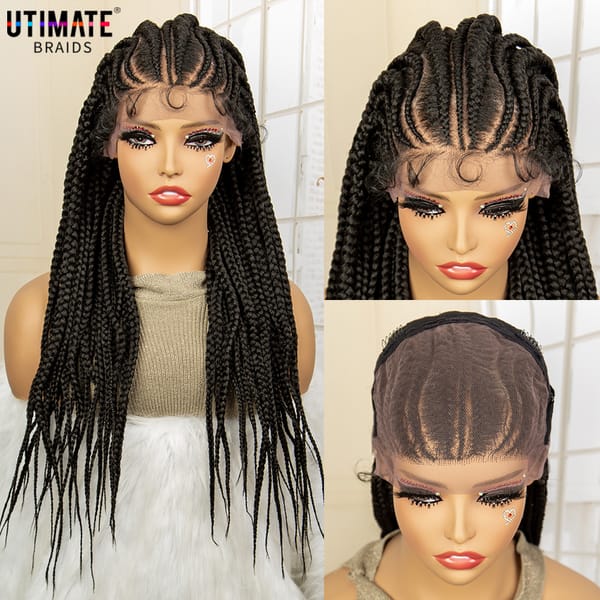 Afro Synthetic Braided Wig Lace Frontal Braided Wig 24 Inch Cornrow Braids Wig with Baby Hair Natural Color Wig for Black Women