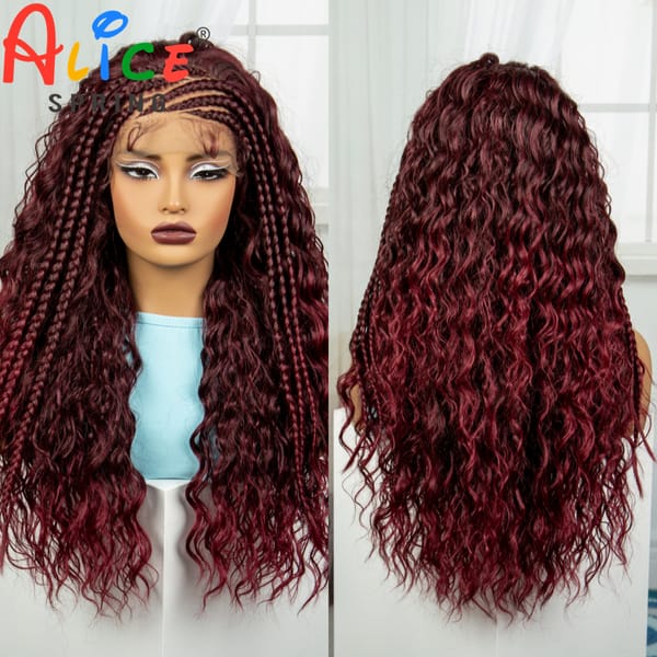Water Wave Burgundy 26 Inch Synthetic Braided Wig Lace Braided Wigs Curly Knotless Box Braids Wig With Baby Hair for Black Woman