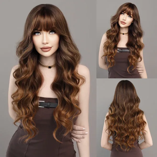 26“ Long Omber Brown Curly Wavy High Quality Synthetic Hair Cosplay Wig with Bangs for Halloween Anime Wigs