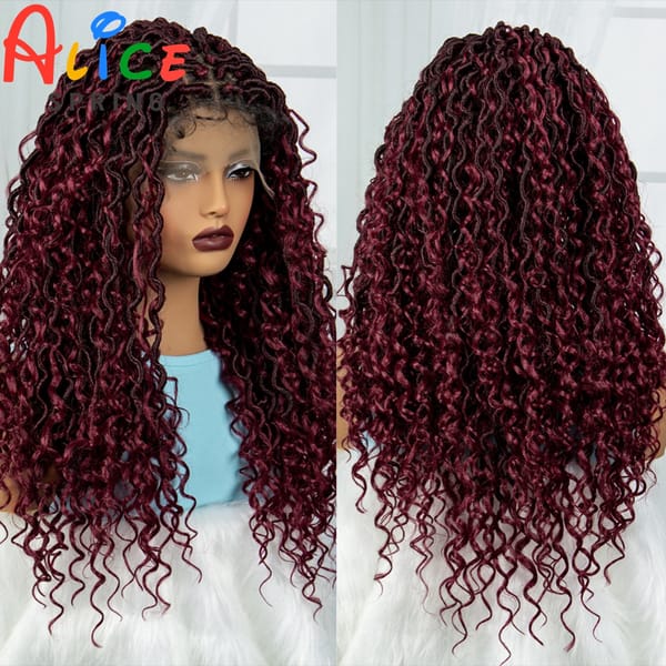 Burgundy Goddess Faux Locs Braided Wigs Curly Synthetic Wigs with Baby Hair Locs Twist Crochet Curls Braids Wig  for Black Women