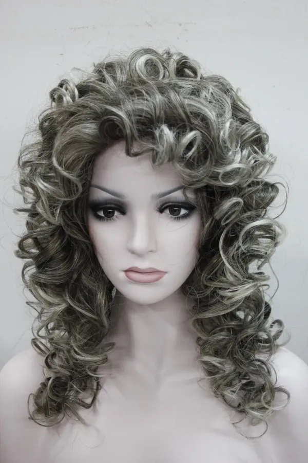 Beautiful gray mix brown root with tip curly women' 50cm long synthetic hair wig