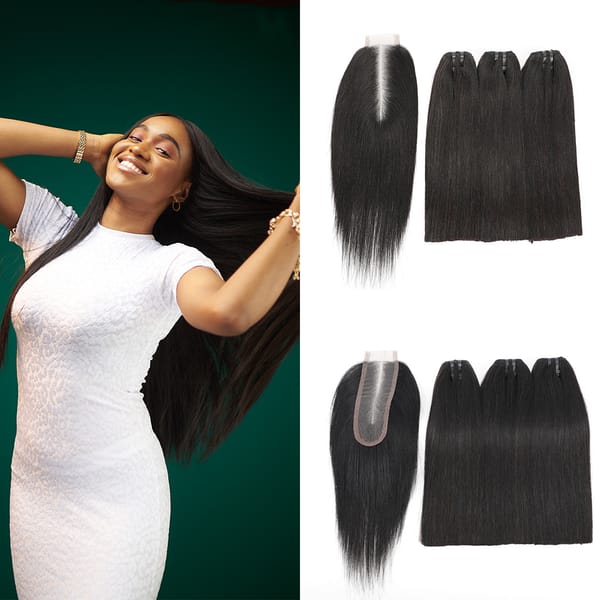Bone Straight Raw Human Hair Bundles 100% 12A Straight Raw Human Hair Nature Black 3bundles with Closure 2x6 Lace Kim K Closure