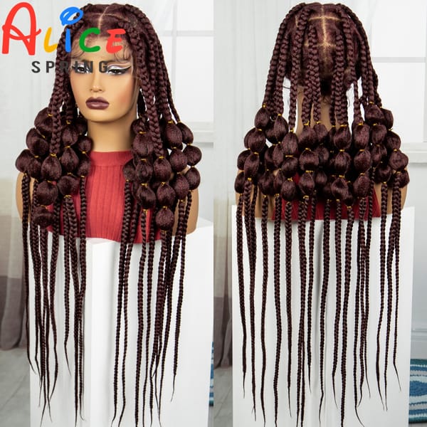 Burgundy 40 Inches Synthetic Full Lace Braided Wigs Synthetic Knotless Handmade Bantu Braids Lace Wig With Baby Hair For Women