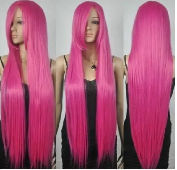 FREE SHIPPING 80cm New Extra Long Rose Pink Straight Rap unzel Tangled Bangs Cosplay Hair Wigs