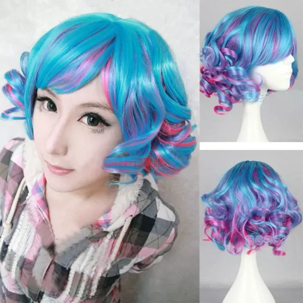 Fashion Lolita Short Blue & Purple Women’s Wavy Cosplay Hair Wig