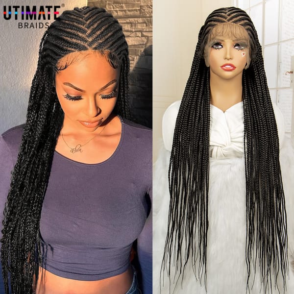 Afro Cornrow Braided Wigs with Baby Hair for African Black Women 36 Inches Synthetic Lace Frontal Knotless Box Braiding Wig