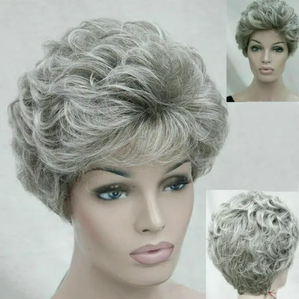 Natural Ladies Women's Short Silver Grey Curly Hair Wig