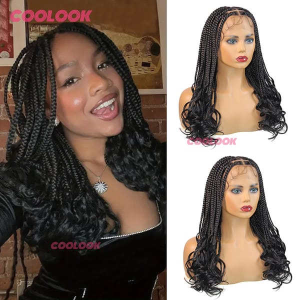 18" Synthetic Full Lace Front Wig Transparent Lace Braided Wigs With Curly Ends For Women Box Braid Wig Curly Lightweight Hair