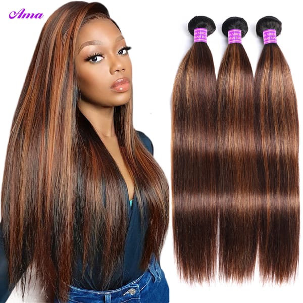 FB 30 Brown Highlight Straight Bundles Brazilian Hair Weave Bundles Ombre Human Hair Bundles 1 3 4 Remy Human Hair Bundles Ama