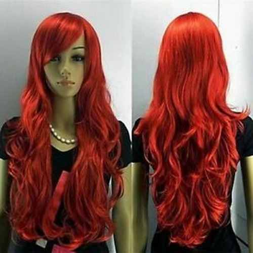 Women Red Long Curly Ladies Synthetic Hair Party Wig