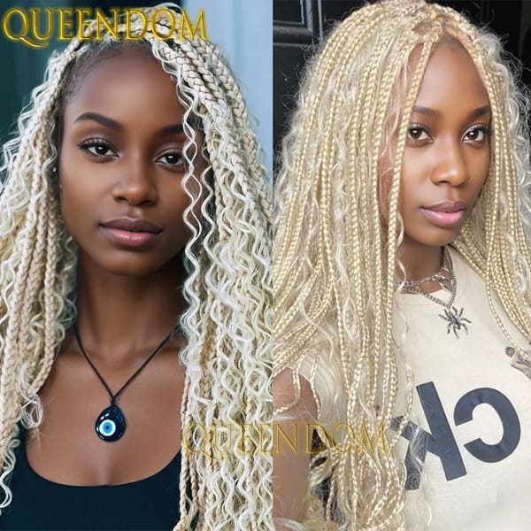 Honey Blonde Synthetic 32 Inch Braided Wig Full Lace Box Braid Goddess Wig With Curly Hair Knotless Bohemia Cornrows Braids Wig