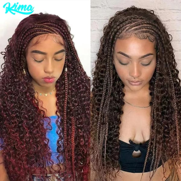 Kima Synthetic Burgundy Braided Wigs 13x4 Lace Front Wig Cornrow Stitch Braids with Baby Hair Curly Braided Wigs for Black Women