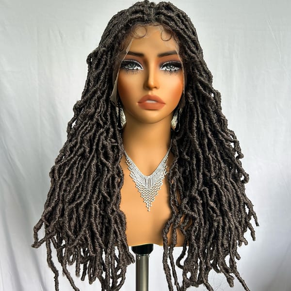 Business Brown Color Faux Locs Braided Wig 24" Long Dreadlocks Crochet Braids Wig with Baby Hair Soft Full Lace Wigs for Women