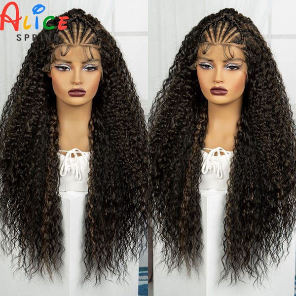 32Inch 1B-30 Cornrow Braided Wigs Knotless Synthetic Lace Front Braided Wig Curly Braiding Hair Wigs with Baby Hair for Women