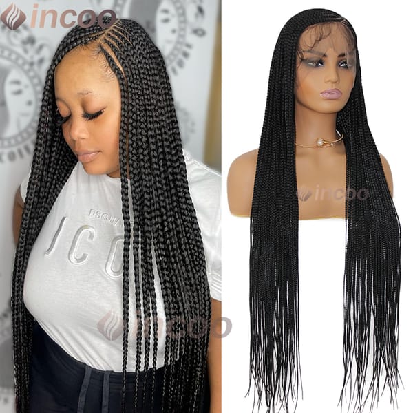 Incoo 36 Inch Knotless Braided Wigs Synthetic Hair Wigs Full Lace Wigs can Side Part High Ponytail Goddess Braids Lace Front Wig