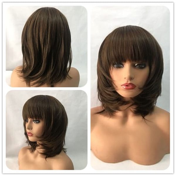 Women Wig Short Straight Curly Ladies Wig Dark Brown Natural Hair Wig