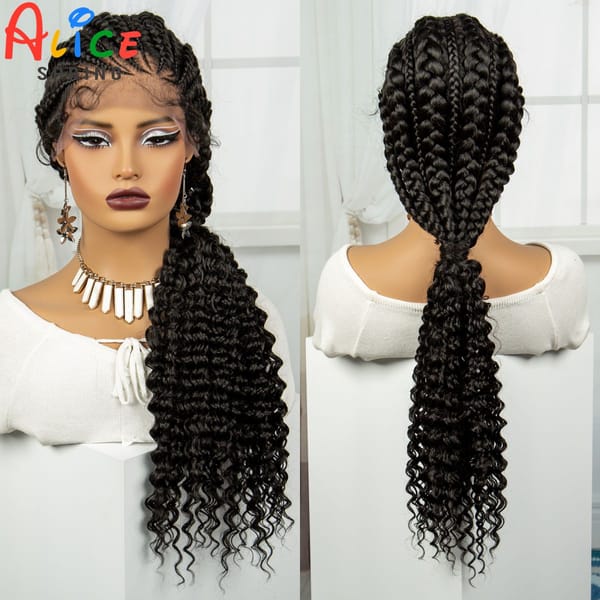 28 Inch Natural Knot;ess Cornrow Braided Wigs With Baby Hair Synthetic Lace Frontal Braids Wigs with Curly Ends For Black Women