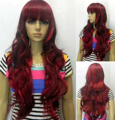 HOt Fashion Black Mix Red Wig Long Wavy Curly Hair Women Cosplay Full Wigs