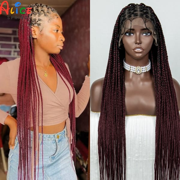 36Inch Synthetic Full Lace Cornrow Braided Wigs Knotless Straight Braids Wig With Baby Hair Colored Braiding Hair Wig for Women
